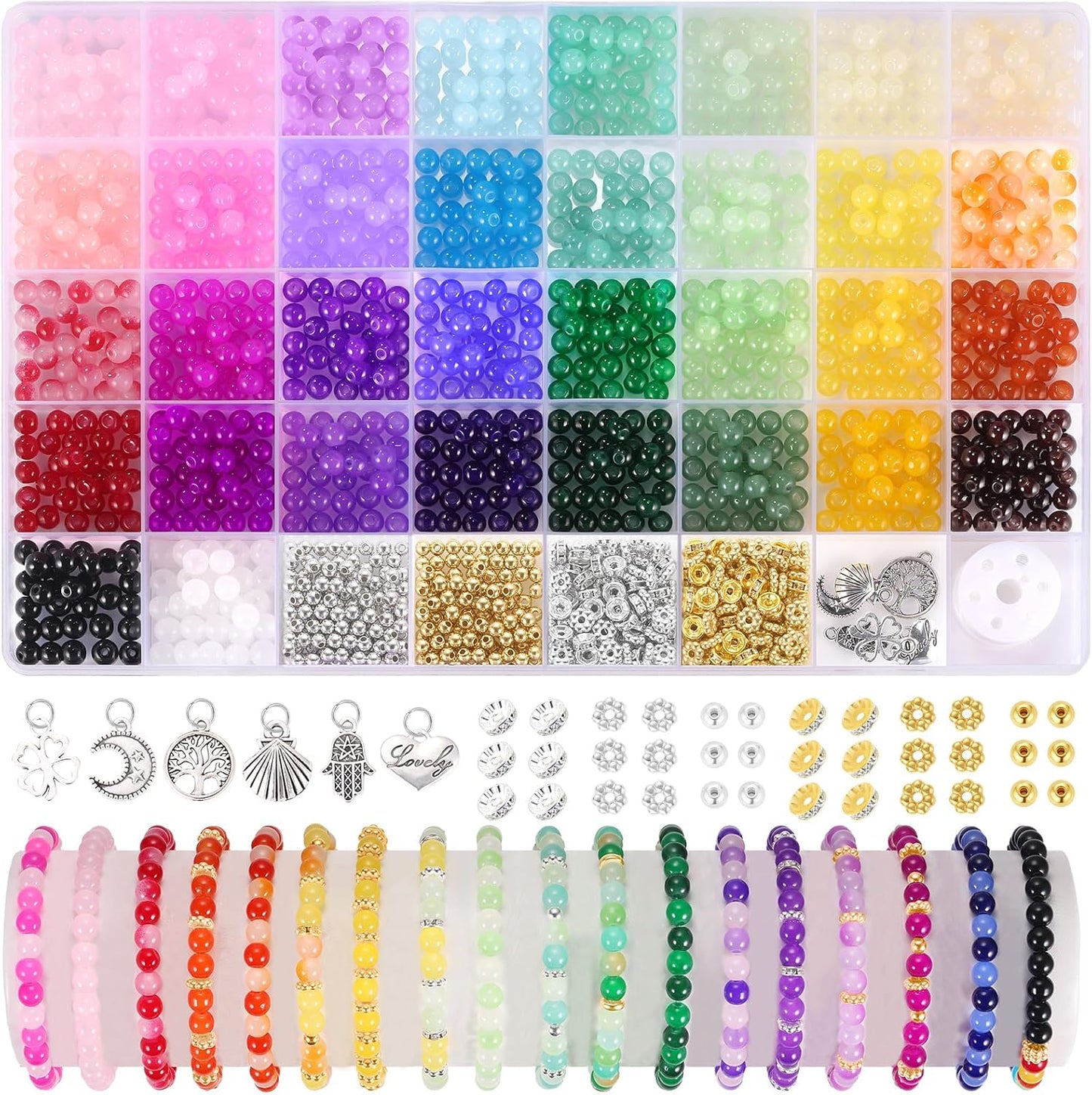 1368pcs 6mm Glass Beads for Bracelets Jewelry Making Supplies | 34 Colors Crystal Round Glass Beads for DIY Earrings Necklace Crafts with Spacer Beads and Charms, Solid and Gradient Colors