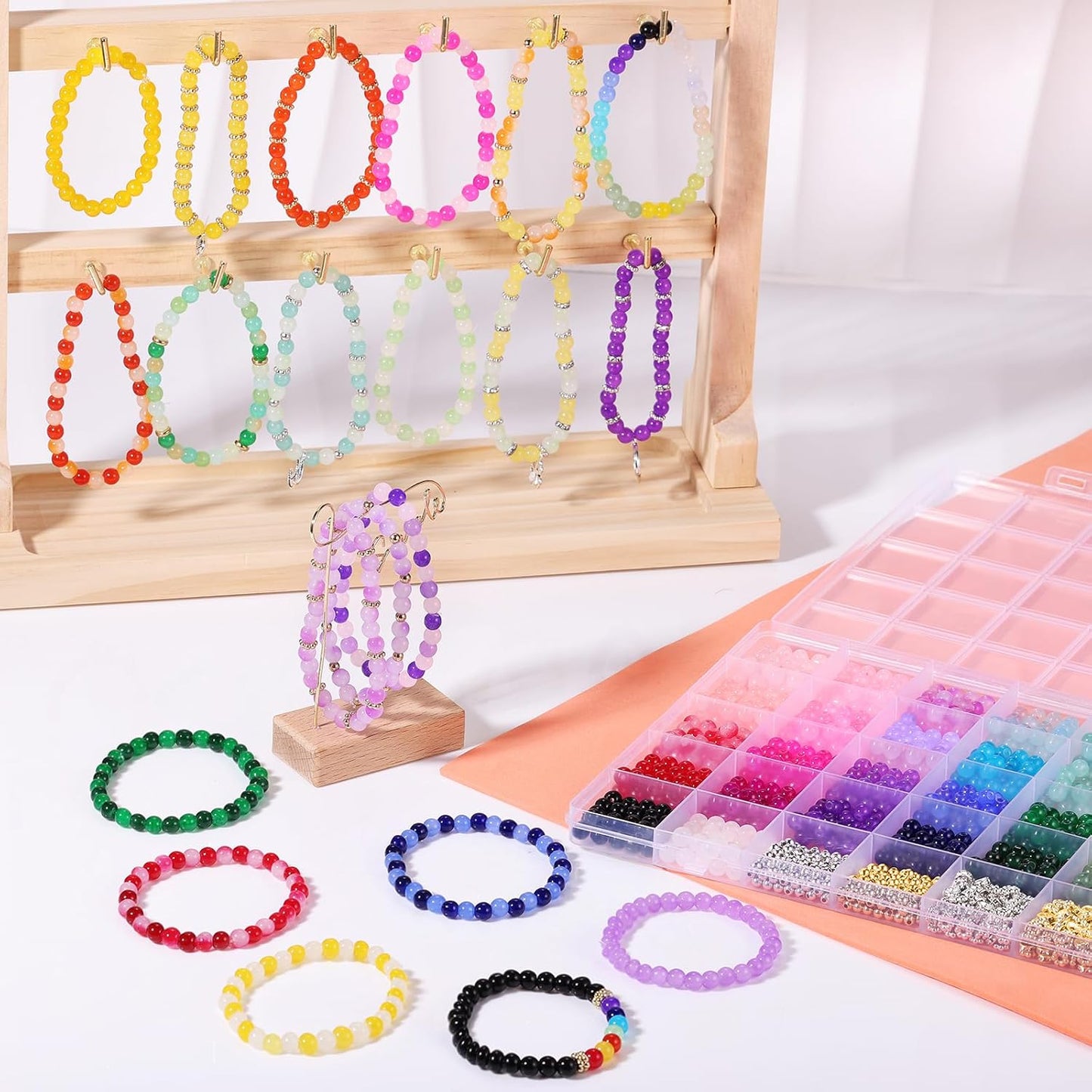 1368pcs 6mm Glass Beads for Bracelets Jewelry Making Supplies | 34 Colors Crystal Round Glass Beads for DIY Earrings Necklace Crafts with Spacer Beads and Charms, Solid and Gradient Colors