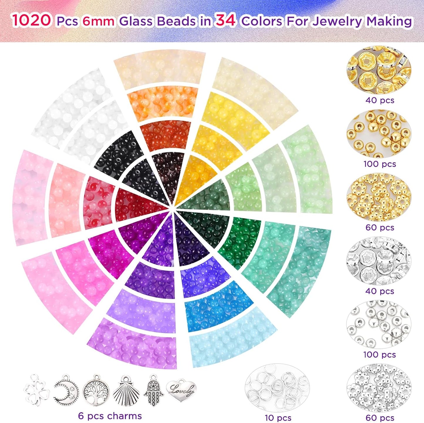 1368pcs 6mm Glass Beads for Bracelets Jewelry Making Supplies | 34 Colors Crystal Round Glass Beads for DIY Earrings Necklace Crafts with Spacer Beads and Charms, Solid and Gradient Colors