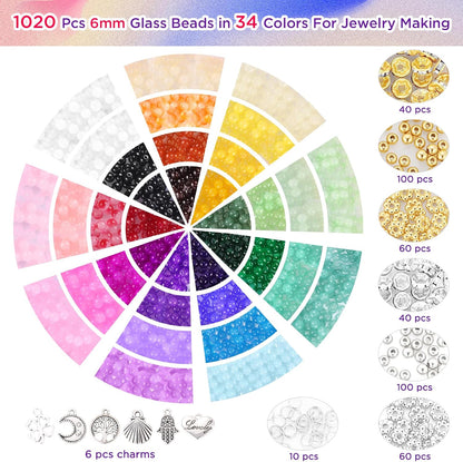1368pcs 6mm Glass Beads for Bracelets Jewelry Making Supplies | 34 Colors Crystal Round Glass Beads for DIY Earrings Necklace Crafts with Spacer Beads and Charms, Solid and Gradient Colors