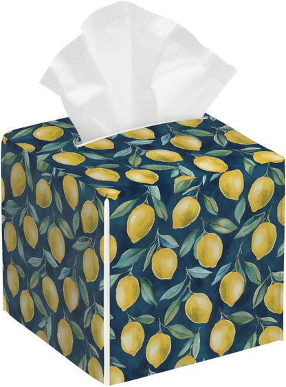 Tissue Box Cover PU Leather Square Tissues Holder Lemon Summer Fruit On Blue Decorative Facial Paper Organizer Dispenser for Bedroom Bathroom Vanity,Home Office Car