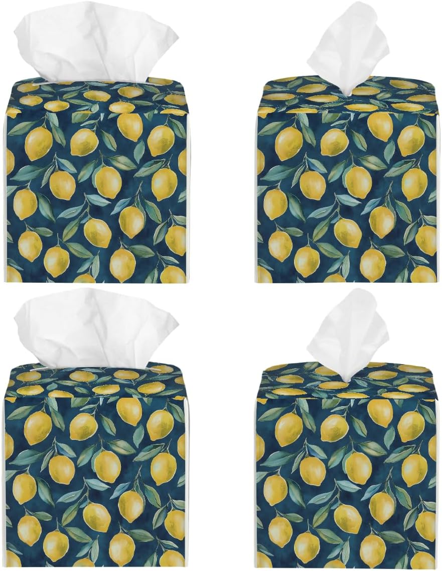Tissue Box Cover PU Leather Square Tissues Holder Lemon Summer Fruit On Blue Decorative Facial Paper Organizer Dispenser for Bedroom Bathroom Vanity,Home Office Car