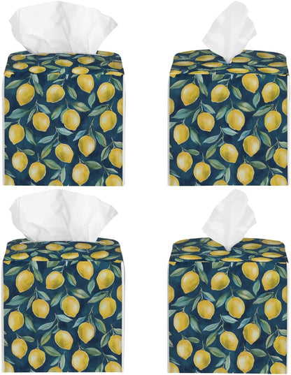 Tissue Box Cover PU Leather Square Tissues Holder Lemon Summer Fruit On Blue Decorative Facial Paper Organizer Dispenser for Bedroom Bathroom Vanity,Home Office Car
