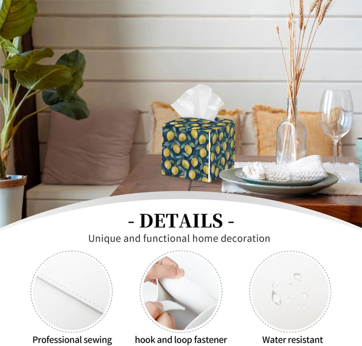 Tissue Box Cover PU Leather Square Tissues Holder Lemon Summer Fruit On Blue Decorative Facial Paper Organizer Dispenser for Bedroom Bathroom Vanity,Home Office Car