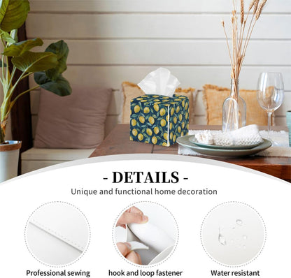 Tissue Box Cover PU Leather Square Tissues Holder Lemon Summer Fruit On Blue Decorative Facial Paper Organizer Dispenser for Bedroom Bathroom Vanity,Home Office Car