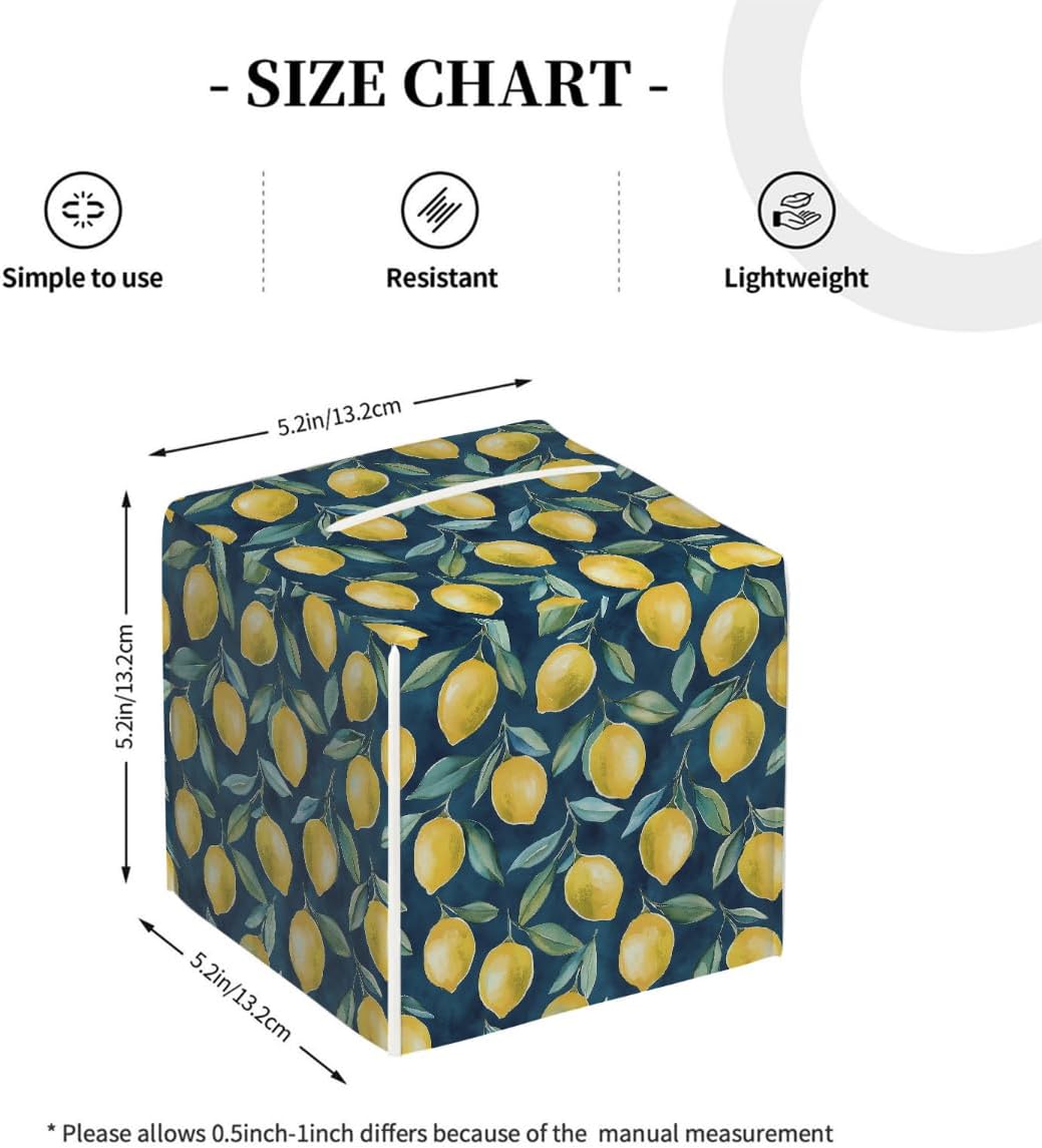 Tissue Box Cover PU Leather Square Tissues Holder Lemon Summer Fruit On Blue Decorative Facial Paper Organizer Dispenser for Bedroom Bathroom Vanity,Home Office Car