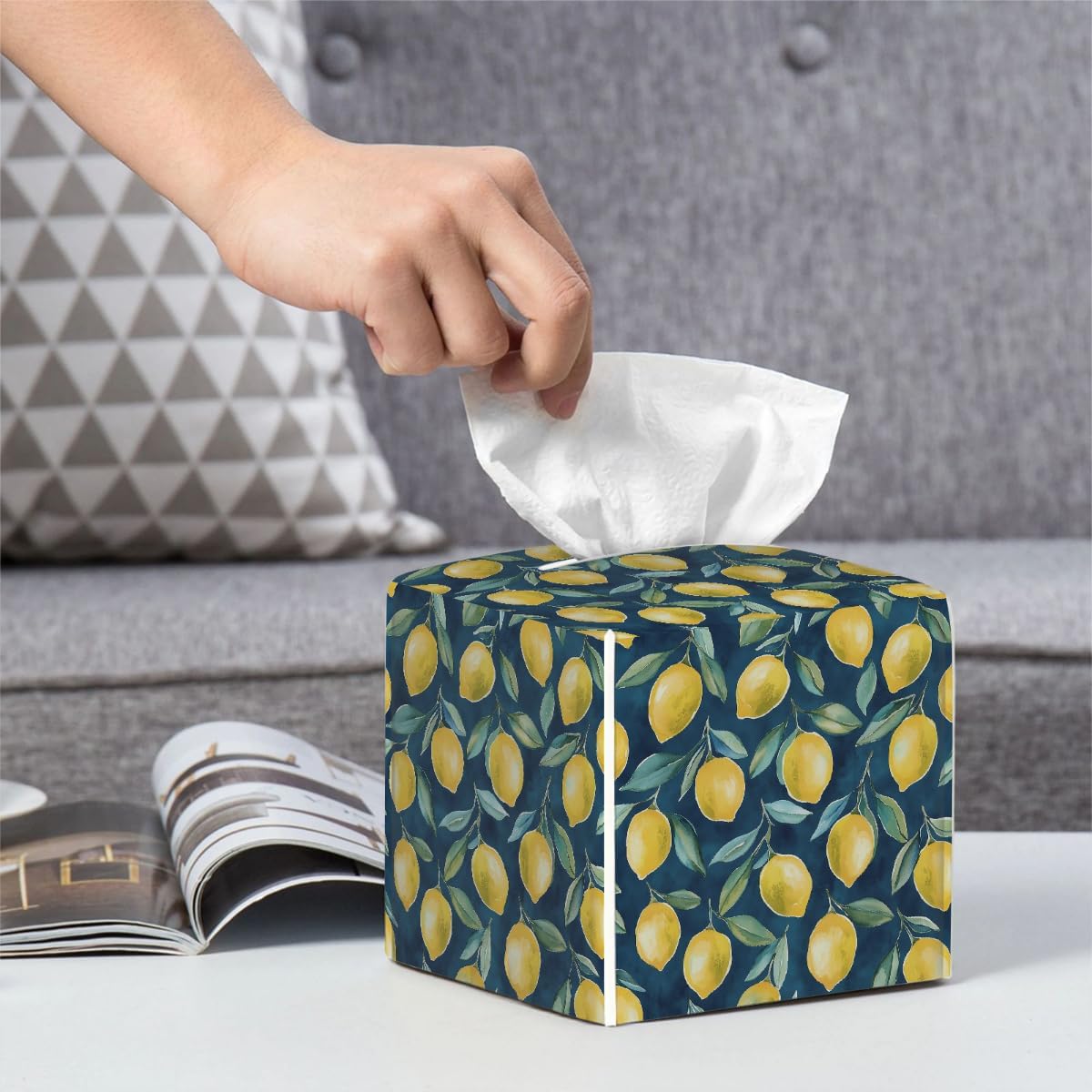 Tissue Box Cover PU Leather Square Tissues Holder Lemon Summer Fruit On Blue Decorative Facial Paper Organizer Dispenser for Bedroom Bathroom Vanity,Home Office Car