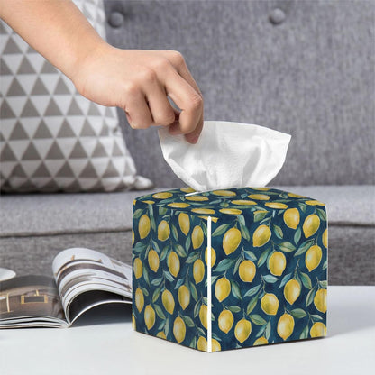 Tissue Box Cover PU Leather Square Tissues Holder Lemon Summer Fruit On Blue Decorative Facial Paper Organizer Dispenser for Bedroom Bathroom Vanity,Home Office Car