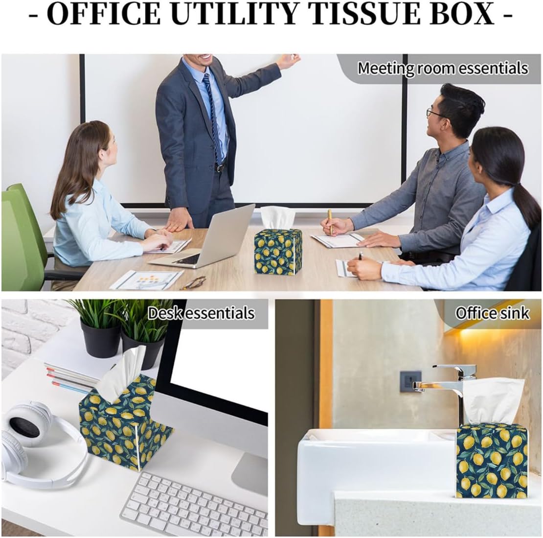Tissue Box Cover PU Leather Square Tissues Holder Lemon Summer Fruit On Blue Decorative Facial Paper Organizer Dispenser for Bedroom Bathroom Vanity,Home Office Car