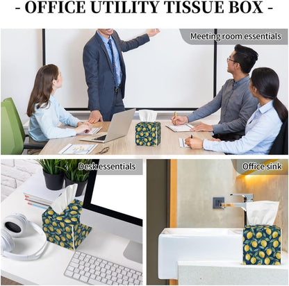 Tissue Box Cover PU Leather Square Tissues Holder Lemon Summer Fruit On Blue Decorative Facial Paper Organizer Dispenser for Bedroom Bathroom Vanity,Home Office Car
