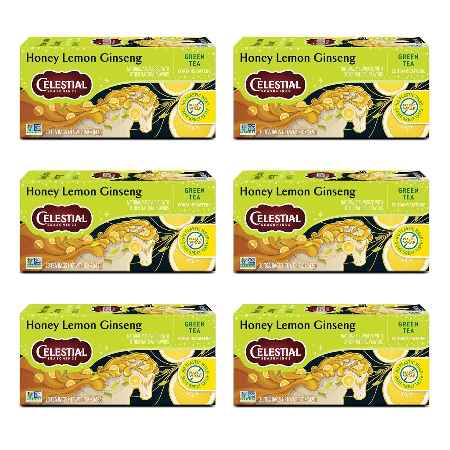 Honey Lemon Ginseng Green Tea, Caffeinated, 20 Tea Bags Box (Pack of 6)