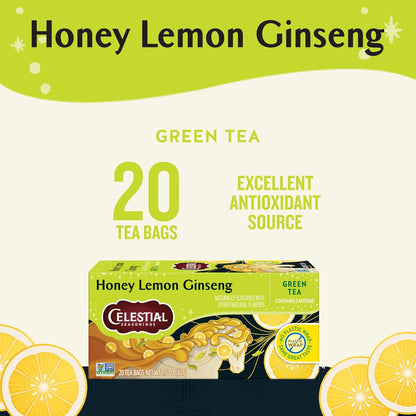 Honey Lemon Ginseng Green Tea, Caffeinated, 20 Tea Bags Box (Pack of 6)