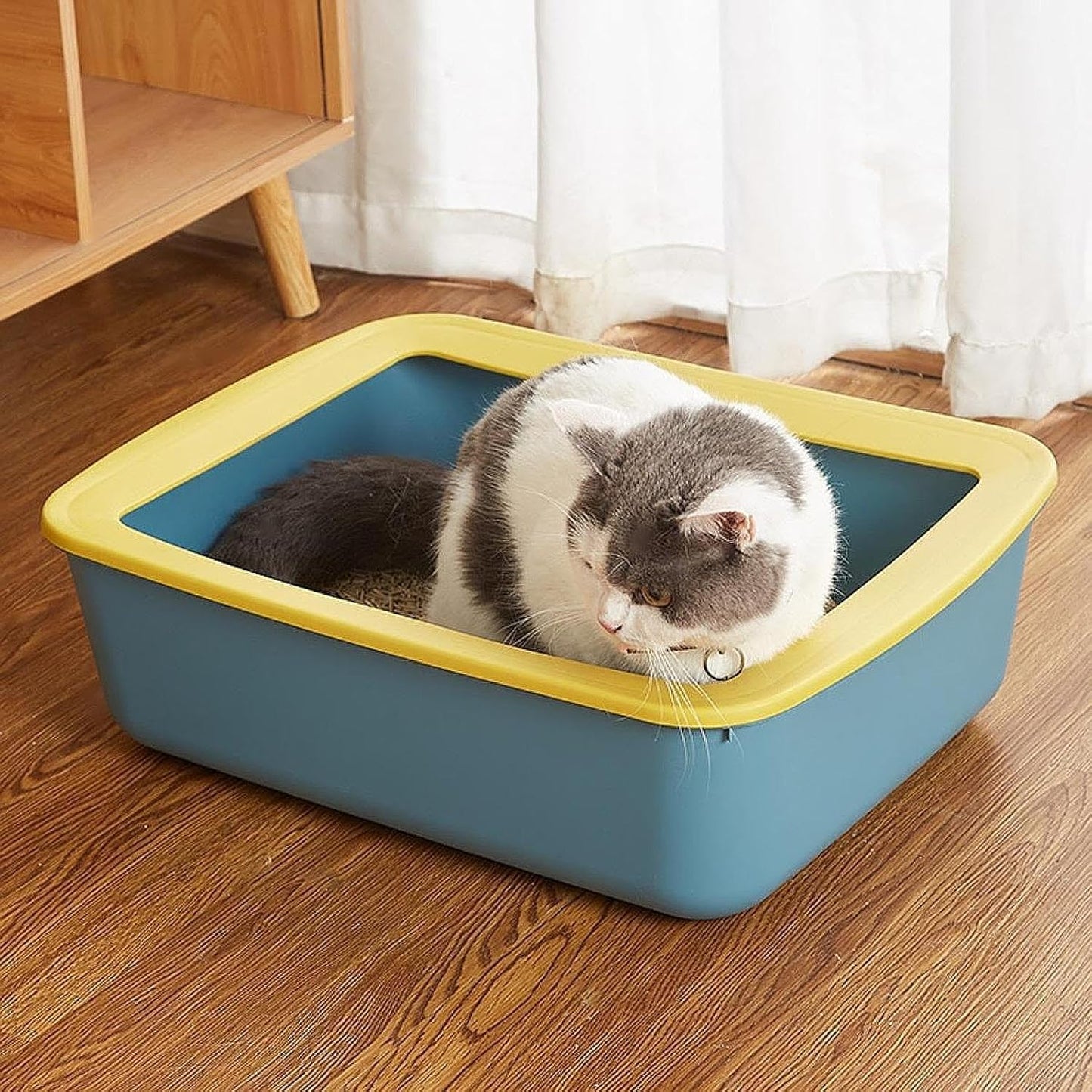 Cat Litter Tray Open Top Cat Toilet High Sided Box Sand Basin PP Material Secure Cleaning Suitable for Kittens Indoor Pets Animal Room, Blue Yellow