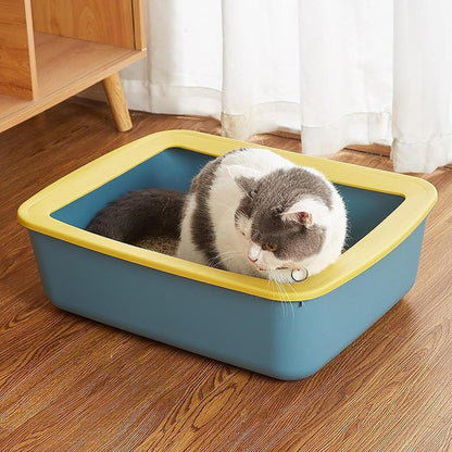 Cat Litter Tray Open Top Cat Toilet High Sided Box Sand Basin PP Material Secure Cleaning Suitable for Kittens Indoor Pets Animal Room, Blue Yellow