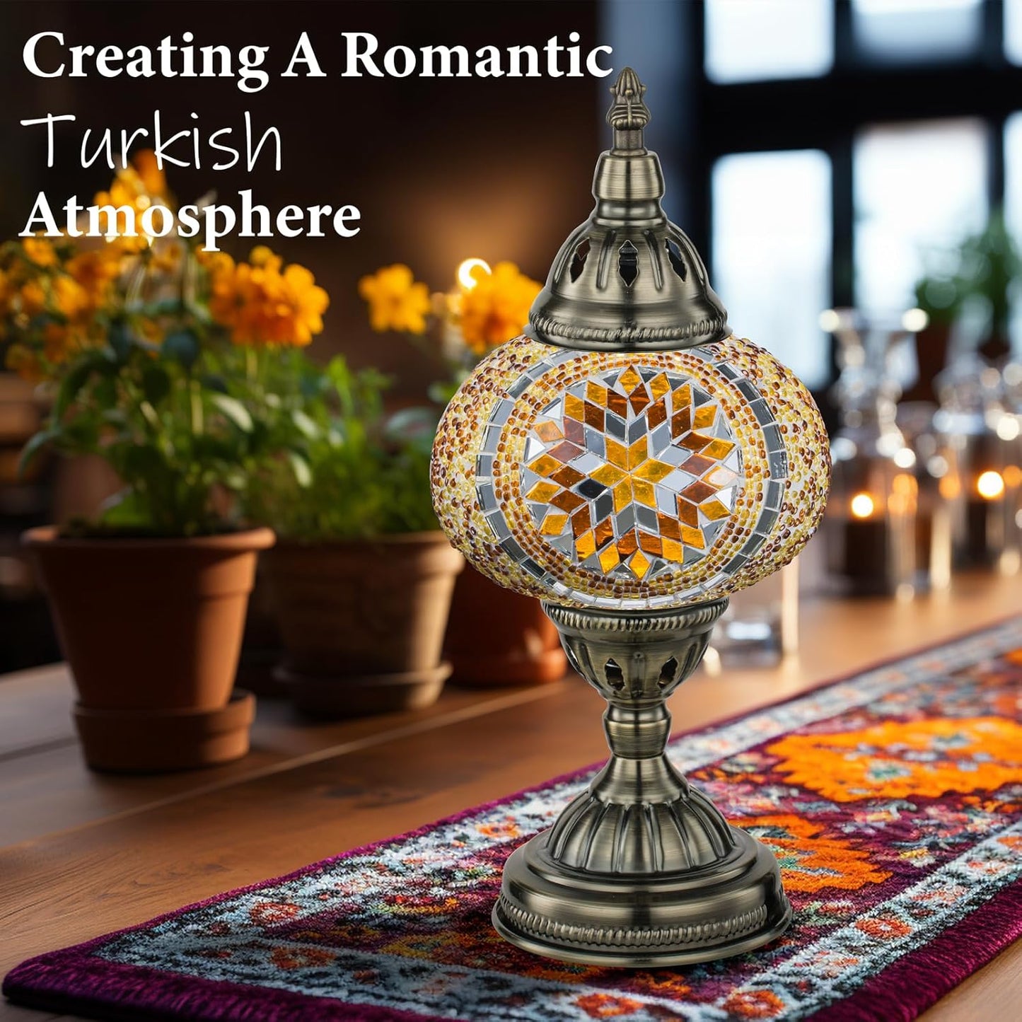 Moroccan Mosaic Lamp Turkish Table Lamp, Handmade Turkish Light with Glass Shard and Bronze Base Including LED Bulb for Living Room Bedroom Decor (Yellow)