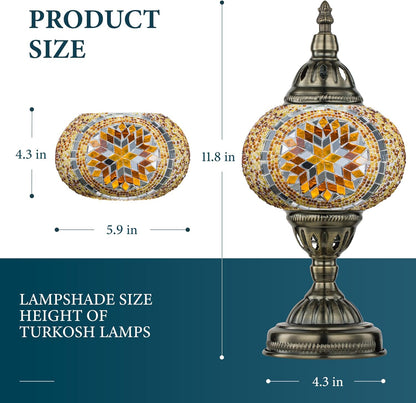 Moroccan Mosaic Lamp Turkish Table Lamp, Handmade Turkish Light with Glass Shard and Bronze Base Including LED Bulb for Living Room Bedroom Decor (Yellow)