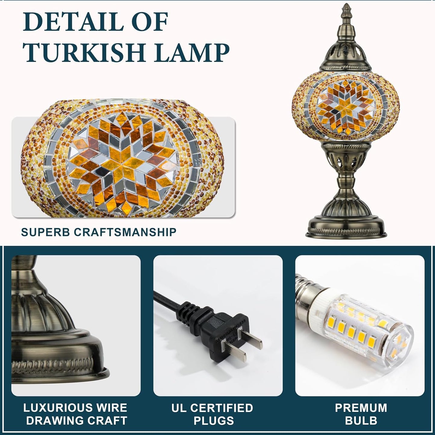 Moroccan Mosaic Lamp Turkish Table Lamp, Handmade Turkish Light with Glass Shard and Bronze Base Including LED Bulb for Living Room Bedroom Decor (Yellow)