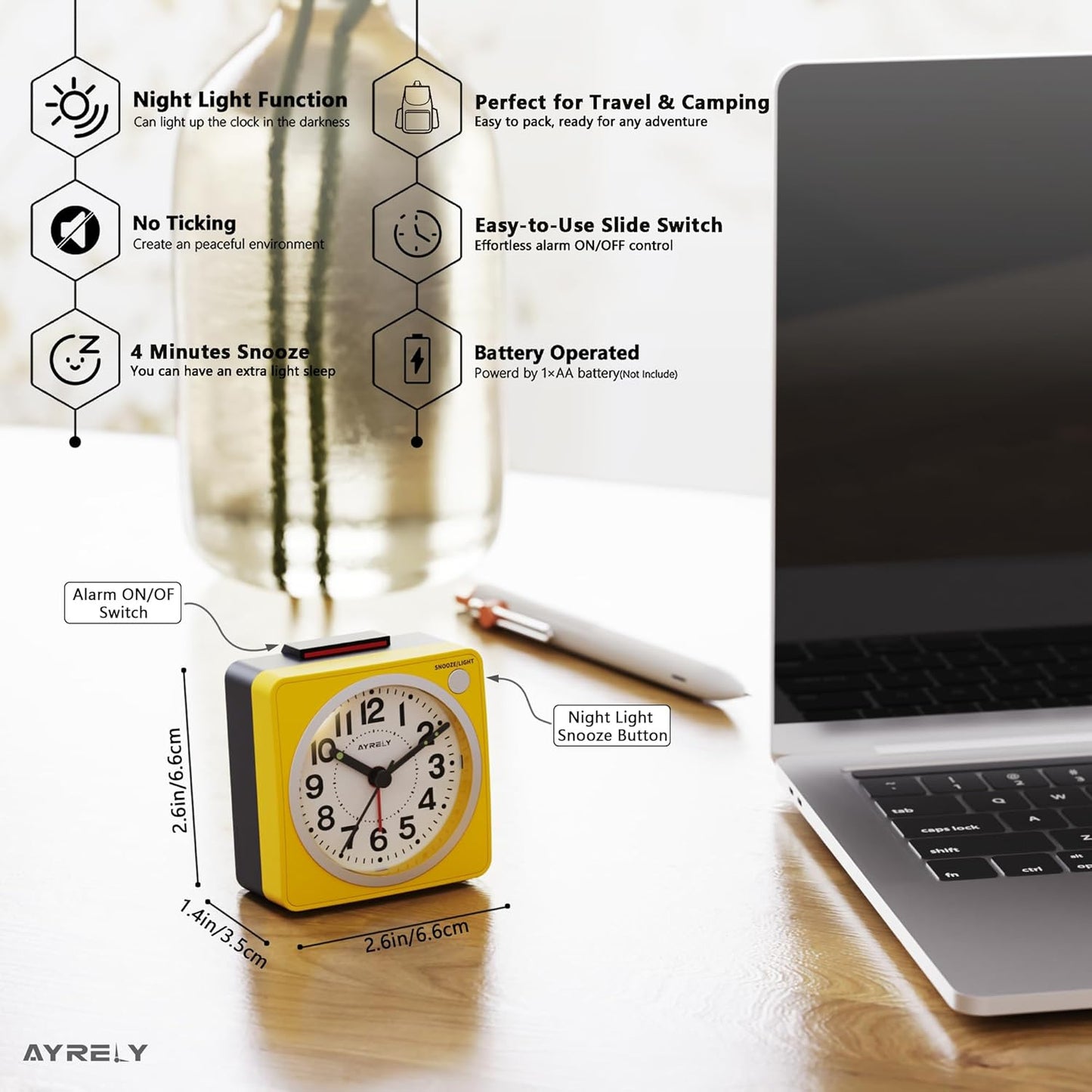 ® 2.6" × 1.4" Ultra Small Battery Operated Analog Travel Alarm Clock, Silent Non-Ticking with Snooze and Light, Retro Bedside Table Clock for Bedroom, Easy Top Alarm Switch (Yellow)