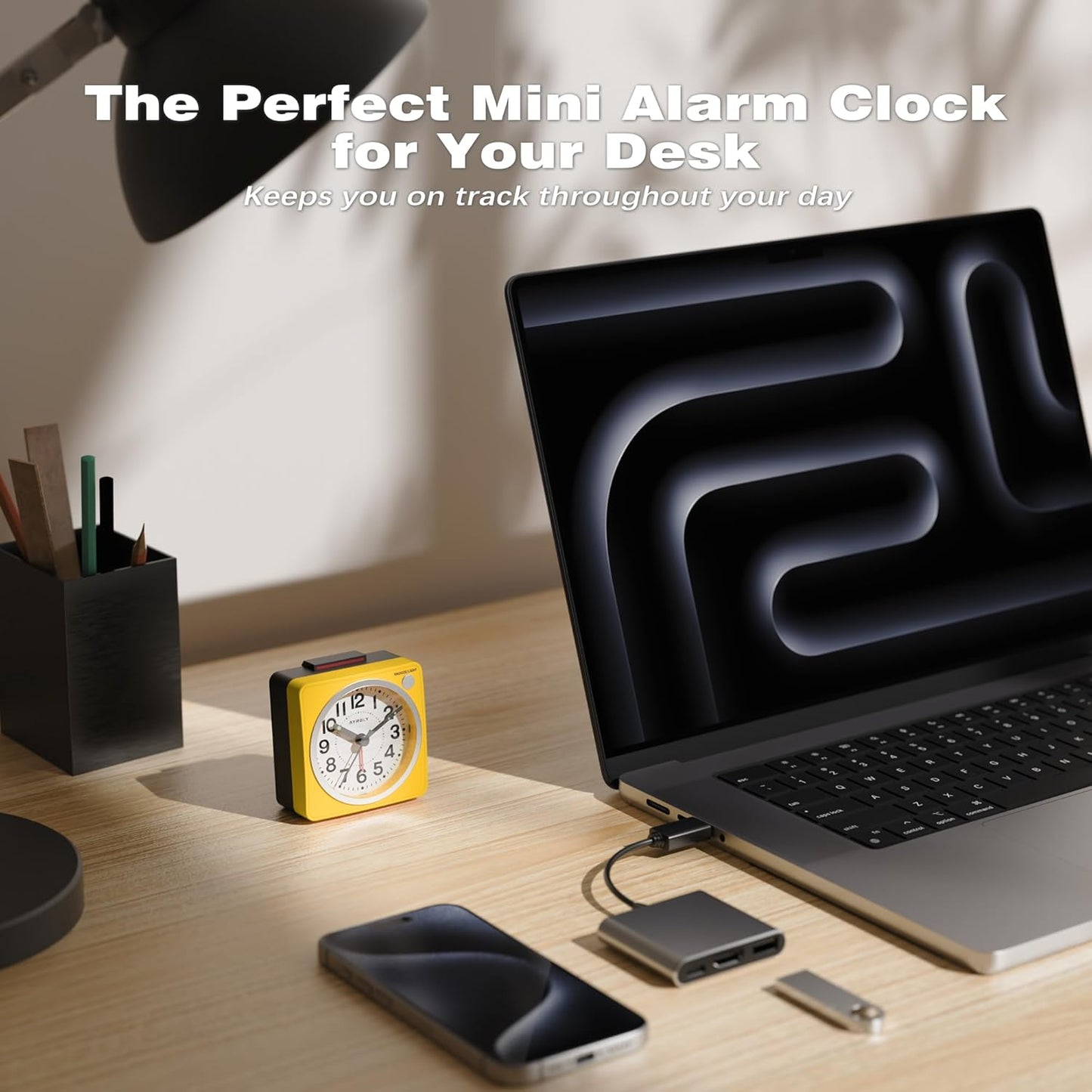 ® 2.6" × 1.4" Ultra Small Battery Operated Analog Travel Alarm Clock, Silent Non-Ticking with Snooze and Light, Retro Bedside Table Clock for Bedroom, Easy Top Alarm Switch (Yellow)