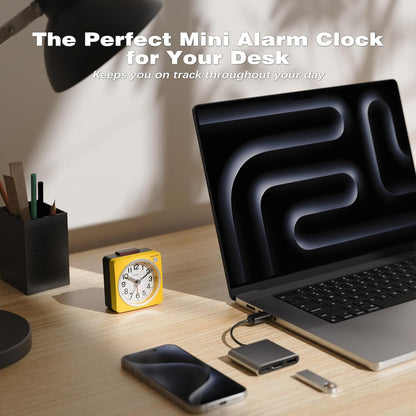 ® 2.6" × 1.4" Ultra Small Battery Operated Analog Travel Alarm Clock, Silent Non-Ticking with Snooze and Light, Retro Bedside Table Clock for Bedroom, Easy Top Alarm Switch (Yellow)