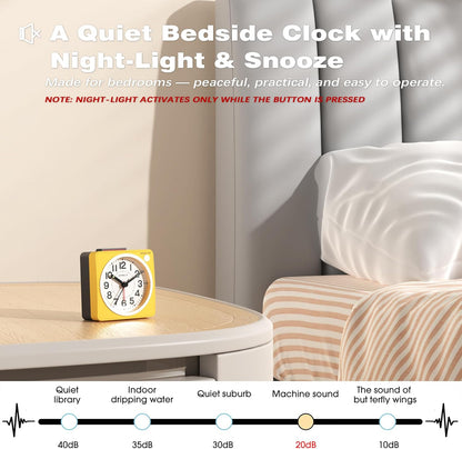 ® 2.6" × 1.4" Ultra Small Battery Operated Analog Travel Alarm Clock, Silent Non-Ticking with Snooze and Light, Retro Bedside Table Clock for Bedroom, Easy Top Alarm Switch (Yellow)