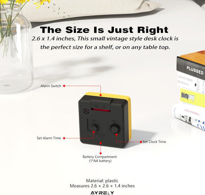 ® 2.6" × 1.4" Ultra Small Battery Operated Analog Travel Alarm Clock, Silent Non-Ticking with Snooze and Light, Retro Bedside Table Clock for Bedroom, Easy Top Alarm Switch (Yellow)