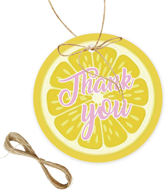 50pcs Lemon Round Thank You Tags, Lemon Citrus Gift Tag with String for Birthday Party, Main Squeeze Thank You Paper Tags for Bridal Shower Party Favors