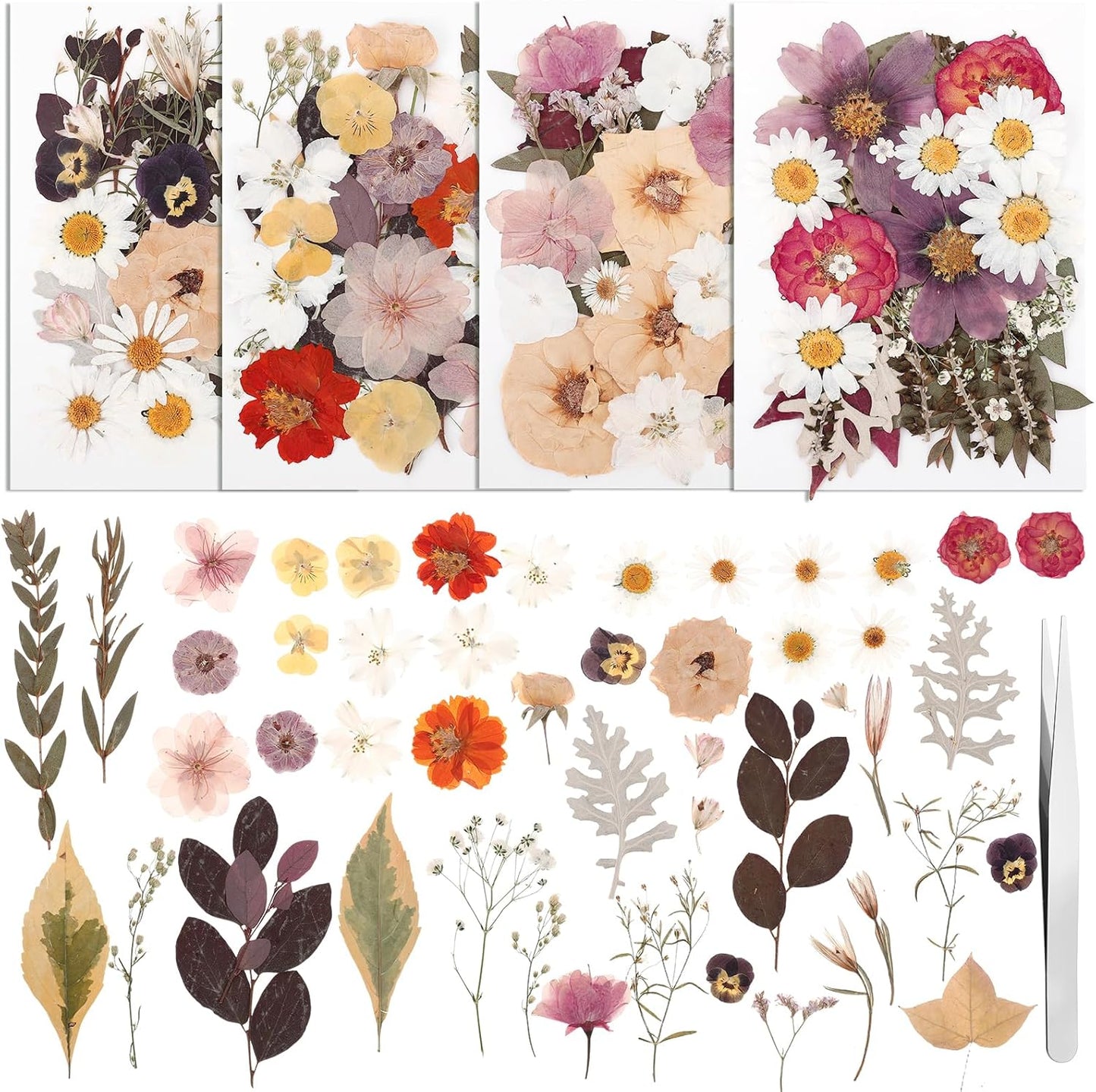 100 Pcs Dried Pressed Flowers, Real Natural Dried Wildflowers Leave with Tweezer Floral Decoration for DIY Crafts, Candle Making, Resin Mold and Bridal Scrapbooking Nails Decors Mixed Yellow