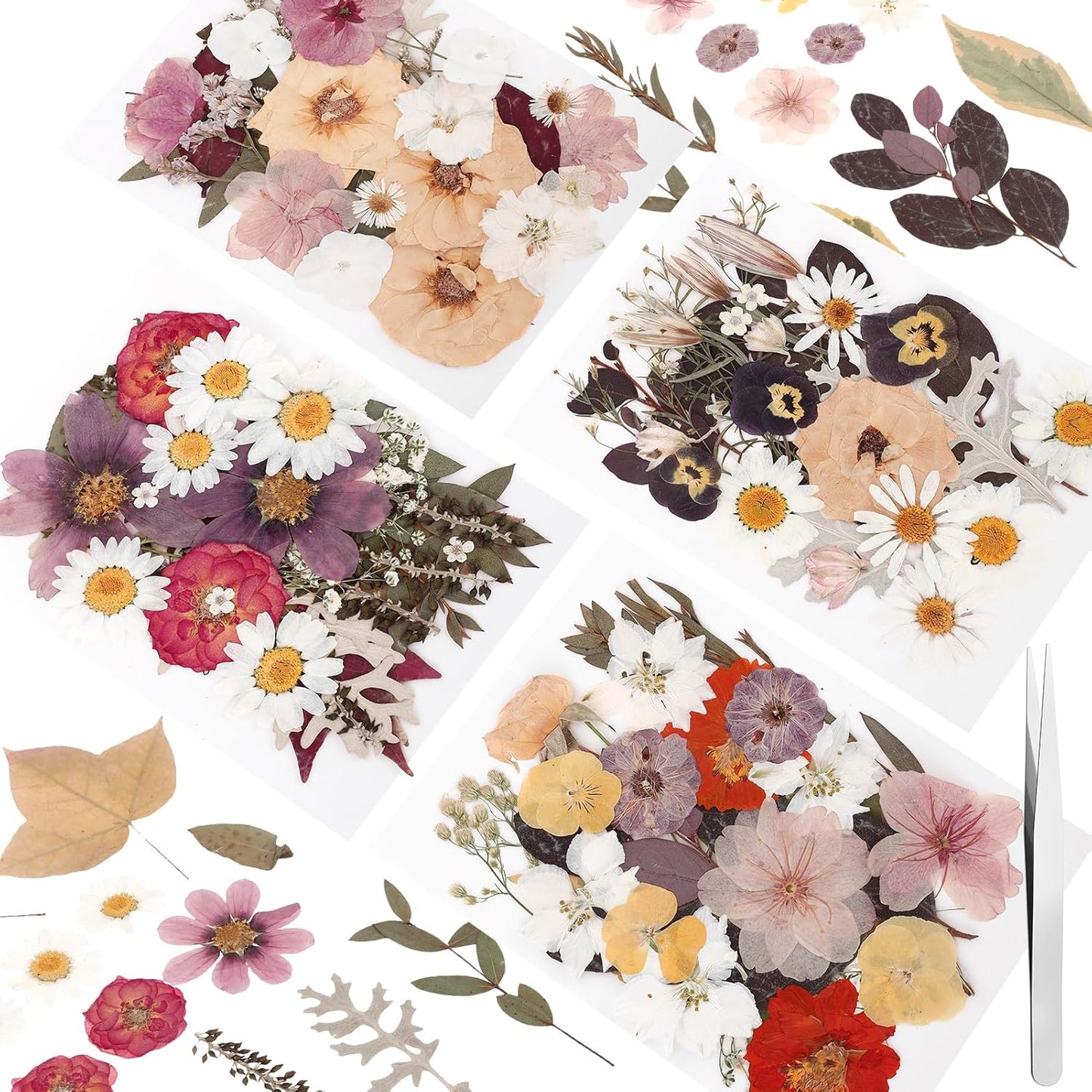 100 Pcs Dried Pressed Flowers, Real Natural Dried Wildflowers Leave with Tweezer Floral Decoration for DIY Crafts, Candle Making, Resin Mold and Bridal Scrapbooking Nails Decors Mixed Yellow