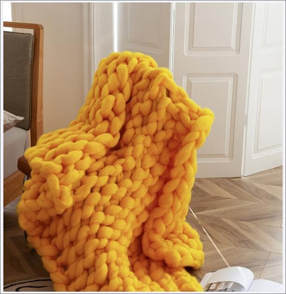 Chunky Knit Blanket Throw Chunky Wool Knit Throw Blankets for Couch Bed Fluffy Soft Blanket Handmade Warm & Cozy Blanket Couch Bed Home Decor,Yellow,50x50cm(20x20inch)