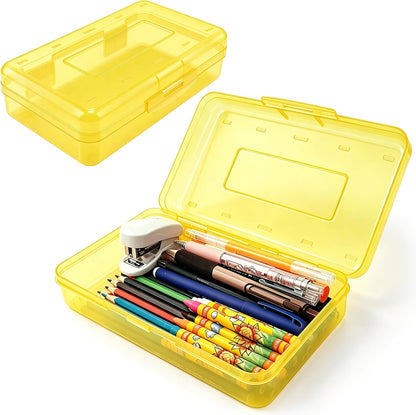 Pencil Box , Hard Plastic Pencil Box Large Capacity Crayon Case ,Organizer Plastic Containers with Snap Lid , Stackable Storage Boxes for Art Craft Office & Classroom Back to School Supplies , Yellow