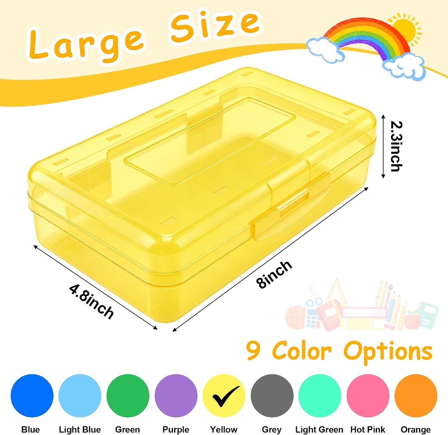 Pencil Box , Hard Plastic Pencil Box Large Capacity Crayon Case ,Organizer Plastic Containers with Snap Lid , Stackable Storage Boxes for Art Craft Office & Classroom Back to School Supplies , Yellow