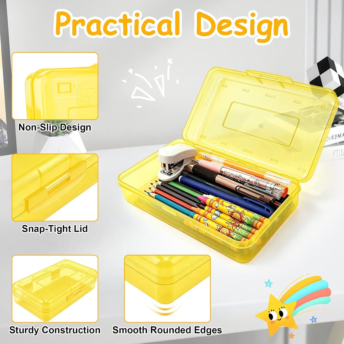 Pencil Box , Hard Plastic Pencil Box Large Capacity Crayon Case ,Organizer Plastic Containers with Snap Lid , Stackable Storage Boxes for Art Craft Office & Classroom Back to School Supplies , Yellow