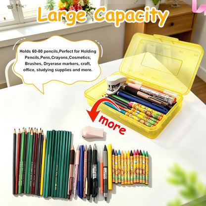 Pencil Box , Hard Plastic Pencil Box Large Capacity Crayon Case ,Organizer Plastic Containers with Snap Lid , Stackable Storage Boxes for Art Craft Office & Classroom Back to School Supplies , Yellow