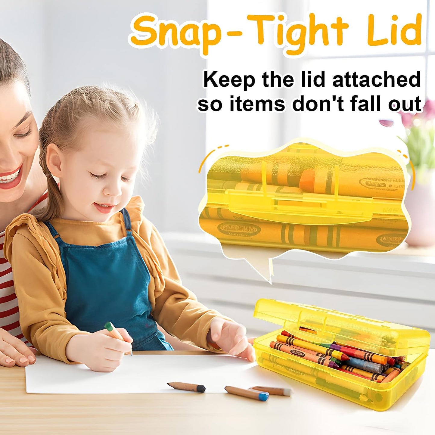 Pencil Box , Hard Plastic Pencil Box Large Capacity Crayon Case ,Organizer Plastic Containers with Snap Lid , Stackable Storage Boxes for Art Craft Office & Classroom Back to School Supplies , Yellow