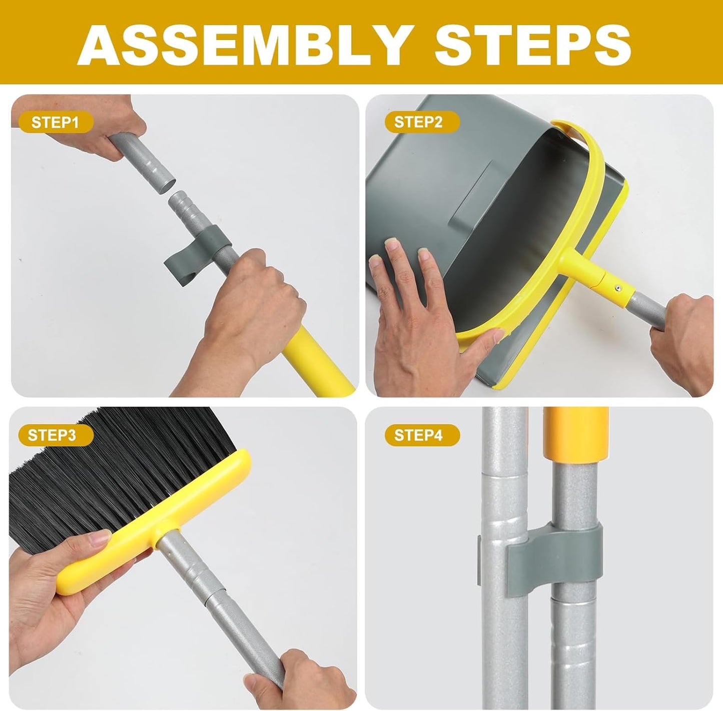 Broom and Dustpan Set with 54 Inch Long Handle - Perfect Dust Pan and Brush Combo for Home Efficient Cleaning (Yellow and Grey)