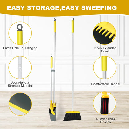 Broom and Dustpan Set with 54 Inch Long Handle - Perfect Dust Pan and Brush Combo for Home Efficient Cleaning (Yellow and Grey)