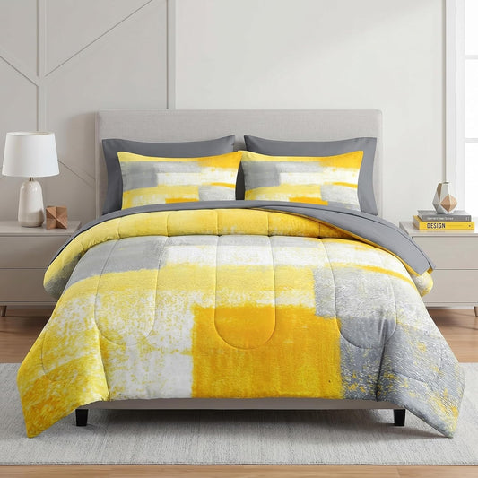 Comforter Set Full Size, Grey Yellow Painting Gray 7 Pcs Bedding for Kids and Adults, Office Contemporary Abstract Bed Sheet Sets with Fitted Sheet 2 Pillowcase & 2 Sham for Bedroom Bed Decor
