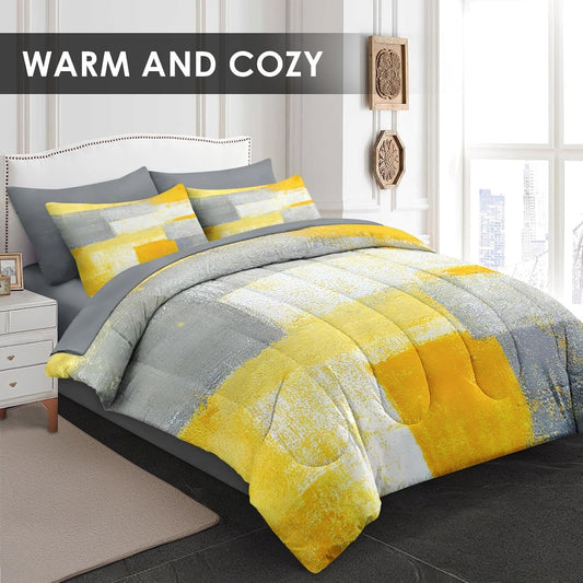 Comforter Set Full Size, Grey Yellow Painting Gray 7 Pcs Bedding for Kids and Adults, Office Contemporary Abstract Bed Sheet Sets with Fitted Sheet 2 Pillowcase & 2 Sham for Bedroom Bed Decor