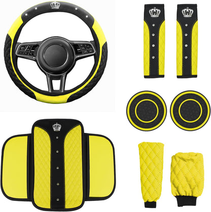 8PCS Car Accessories Set, Bling Crown Leather Car Steering Wheel Cover w/Armrest Pad, Seat Belt Cover Pads, Gear Shift & Handbrake Covers, Cup Holder Coasters, Auto Interior Decor (Yellow)