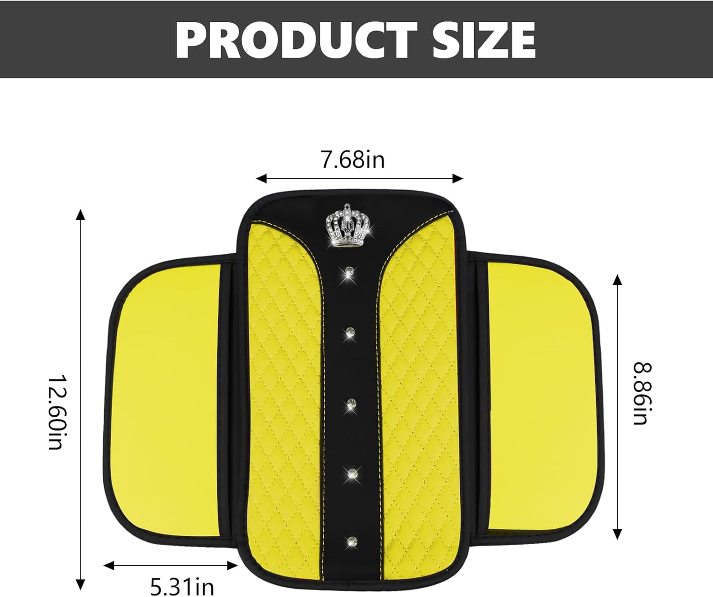 8PCS Car Accessories Set, Bling Crown Leather Car Steering Wheel Cover w/Armrest Pad, Seat Belt Cover Pads, Gear Shift & Handbrake Covers, Cup Holder Coasters, Auto Interior Decor (Yellow)
