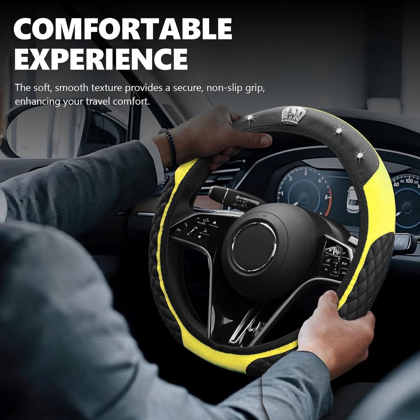 8PCS Car Accessories Set, Bling Crown Leather Car Steering Wheel Cover w/Armrest Pad, Seat Belt Cover Pads, Gear Shift & Handbrake Covers, Cup Holder Coasters, Auto Interior Decor (Yellow)