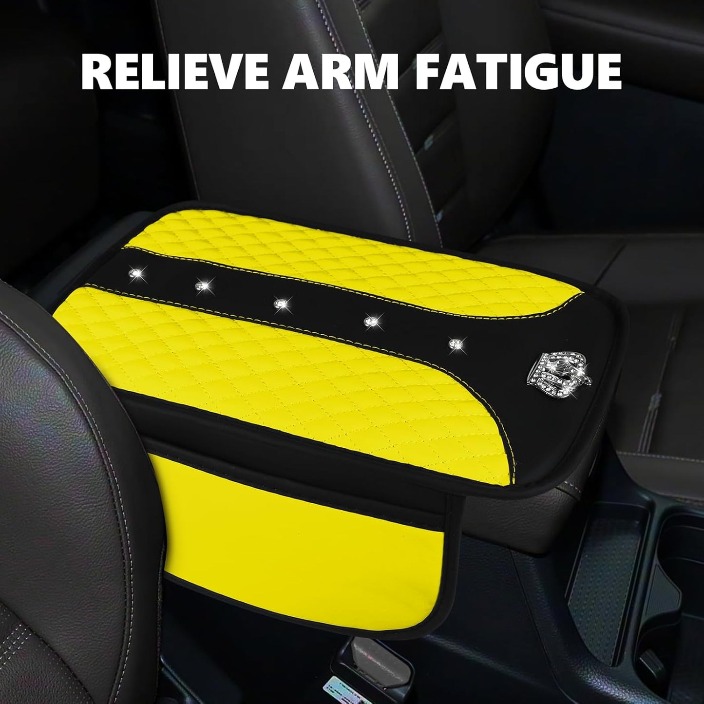8PCS Car Accessories Set, Bling Crown Leather Car Steering Wheel Cover w/Armrest Pad, Seat Belt Cover Pads, Gear Shift & Handbrake Covers, Cup Holder Coasters, Auto Interior Decor (Yellow)