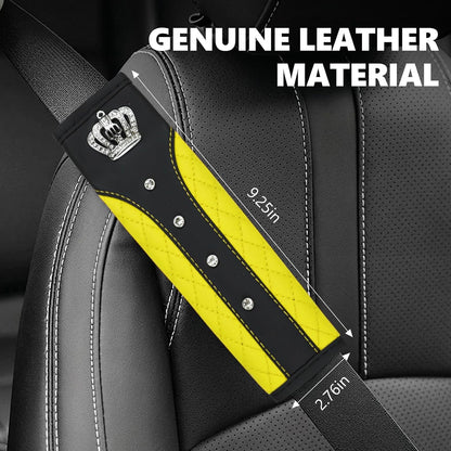 8PCS Car Accessories Set, Bling Crown Leather Car Steering Wheel Cover w/Armrest Pad, Seat Belt Cover Pads, Gear Shift & Handbrake Covers, Cup Holder Coasters, Auto Interior Decor (Yellow)