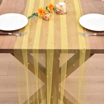 Yellow Pearl Table Runner Boho Rustic Tulle Lace Dining Baby Shower Wedding Arch Decor Veil Dessert Holiday Centerpiece Table Decor