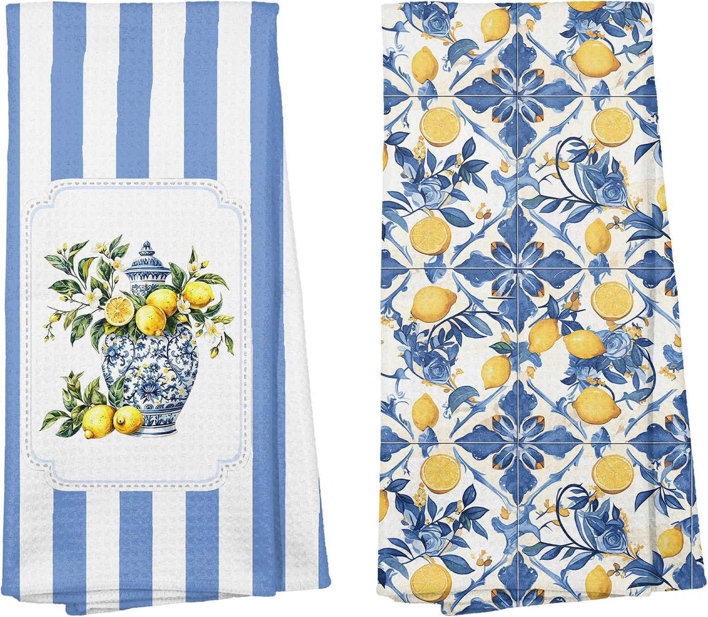 Mediterranean Sicilian Lemon Kitchen Towels 16x24 Set of 2, Chinoiserie Blueberry Lemon Tea Dish Towels for Kitchen Decor,Blue and White Striped Fruit Hand Towel Bathroom Decor