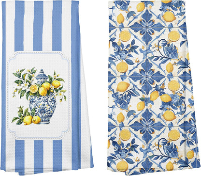 Mediterranean Sicilian Lemon Kitchen Towels 16x24 Set of 2, Chinoiserie Blueberry Lemon Tea Dish Towels for Kitchen Decor,Blue and White Striped Fruit Hand Towel Bathroom Decor