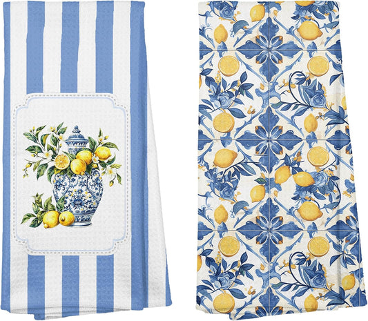 Mediterranean Sicilian Lemon Kitchen Towels 16x24 Set of 2, Chinoiserie Blueberry Lemon Tea Dish Towels for Kitchen Decor,Blue and White Striped Fruit Hand Towel Bathroom Decor