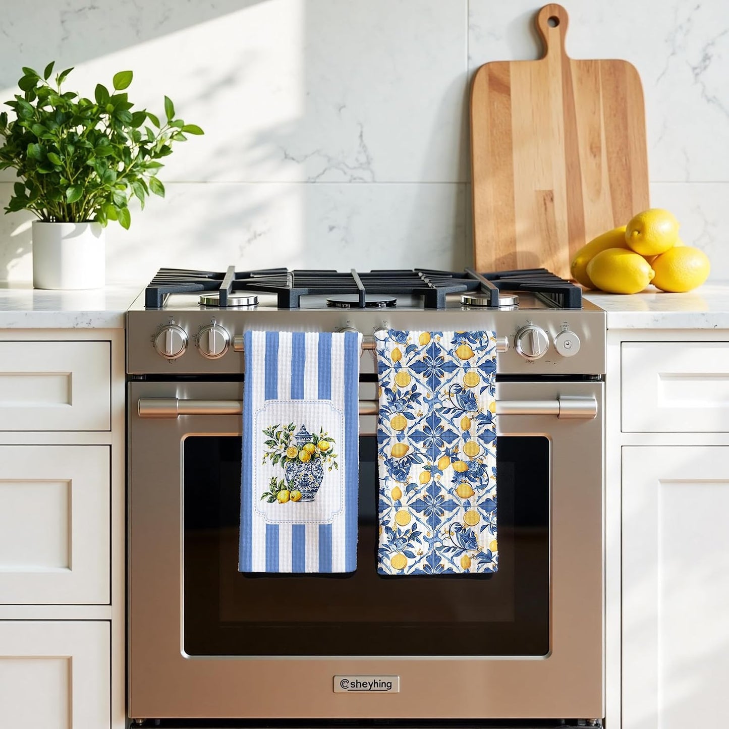 Mediterranean Sicilian Lemon Kitchen Towels 16x24 Set of 2, Chinoiserie Blueberry Lemon Tea Dish Towels for Kitchen Decor,Blue and White Striped Fruit Hand Towel Bathroom Decor