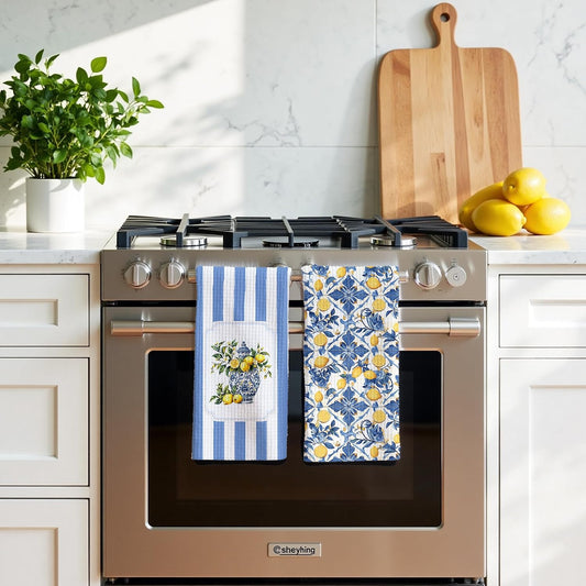 Mediterranean Sicilian Lemon Kitchen Towels 16x24 Set of 2, Chinoiserie Blueberry Lemon Tea Dish Towels for Kitchen Decor,Blue and White Striped Fruit Hand Towel Bathroom Decor
